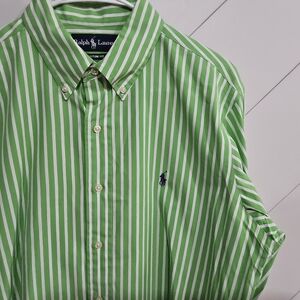 Ralph Lauren Men's Green and White Striped‎ Shirt